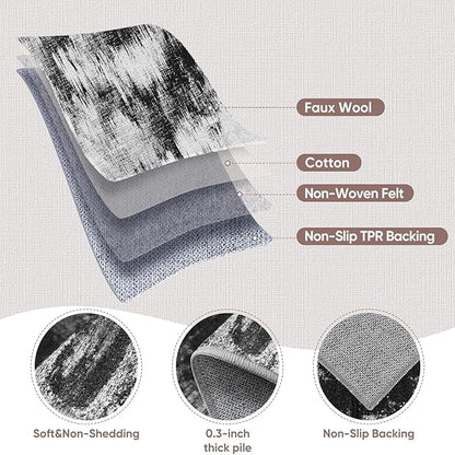 3x6 Kitchen Hallway Runner Rug: Long Washable Rug Runner Non-Slip Indoor Abstract Rugs - Low Pile Soft Floor Runners for Bedroom Living Room Dining Entryway Bathroom Laundry Black White 3x6