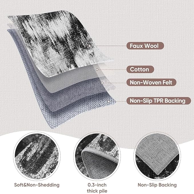 3x8 Hallway Washable Runner Rug: Extra Long Kitchen Runner Non Slip Abstract Rugs Printed Faux Wool Low Pile Soft Indoor Floor Carpet for Bedroon Dining Living Room Bathroom Black White 3x8