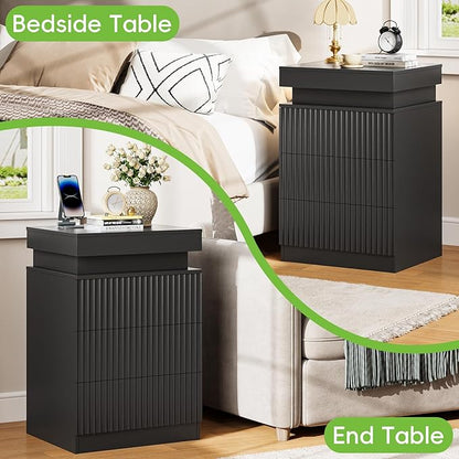 Nightstands Set of 2 with Charging Station & LED Lights, Modern Small Fluted Bedside & End Tables with 3 Drawers, Sliding Top & Hidden Storage, Wooden Farmhouse Night Stand for Bedroom Office, Black