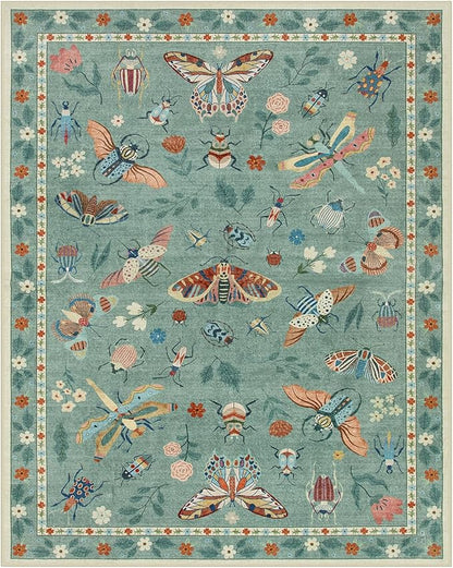 Lahome Insect 9x12 Area Rugs for Living Room Bedroom, Soft Washable Rugs 9x12 Stain Resistant, Ultra-Thin Non-Slip Non-Shedding Accent Carpet for Dining Room Office, Green