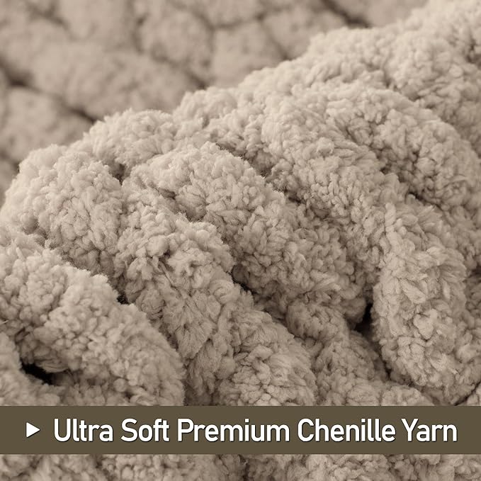 Chunky Knit Throw Blanket 50"X 60", 100% Handmade with Soft Chenille Yarn, 4.4lbs Thick Cable Knitted Blankets, Large Rope Knot Crochet Throws for Couch Sofa Bed Home Decor, Taupe