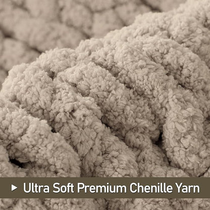 Chunky Knit Throw Blanket 50"X 60", 100% Handmade with Soft Chenille Yarn, 4.4lbs Thick Cable Knitted Blankets, Large Rope Knot Crochet Throws for Couch Sofa Bed Home Decor, Taupe