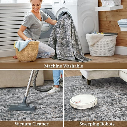 MontVoo-Vintage Area Rugs 8X10 Darkgrey Rugs for Living Room-Soft Distressed Printed Rugs for Bedroom-Non Slip Carpet-Machine Washable Rug for Dining Room Living Room Bedside Office