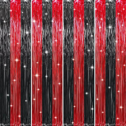 GOER 3.2 ft x8.2 ft Metallic Tinsel Foil Fringe Curtains Party Photo Backdrop Party Streamers for Birthday,Graduation,New Year Eve Decorations Wedding Decor (4 Pcs,Black&Red)
