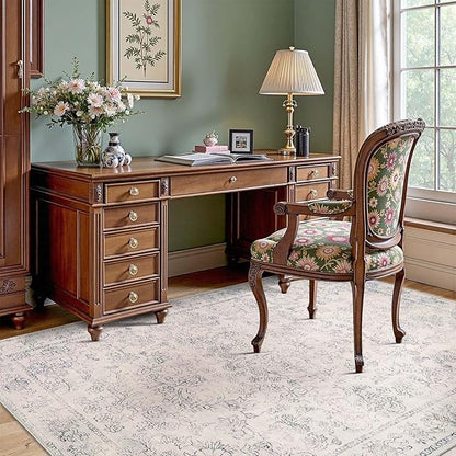 jinchan 8x10 Machine Washable Area Rugs for Living Room – Vintage Floral Soft Stain Resistant Low Pile Rug, Non Slip Ultra-Thin Carpet for Bedroom, Dining Room, Home Office, Nursery (8'x10', Ivory)