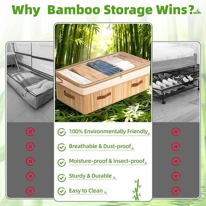 Livole Bamboo Under Bed Storage, 6-10 inches Height Adjustable Underbed Storage Containers, 92L XXXL Large Under Bed Storage Bins with Clear Lid & Label for Clothes, Blankets, Sweater, Shoes, 1 Pack