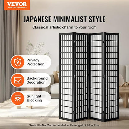 VEVOR Room Divider, 4 Panel Japanese Room Divider, Wood Folding Privacy Screen Indoor, Partition Dividers Portable Decoration Screens, for Room Separation Home Office Restaurant & Bedroom(Black)