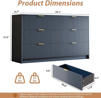 6 Drawer Dresser for Bedroom, 55" Wide Modern Chest of Drawers with Gold Metal Handles, Fluted Wood TV Stand for Living Room, Hallway(Navy Blue)