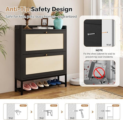 Slim Entryway Shoe Storage Cabinet with 2 Flip Drawers, Modern Freestanding Shoes Organizer Holds 16-20 Pairs, Closed Shoe Storage for Hallway, Foyer - Space-Saving Wood Shoe Cabinet