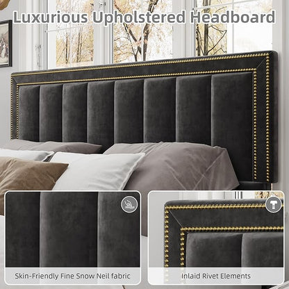 BarnFurin Full Size Bed Frame with 50" Tall Headboard and Footboard, Chenille Upholstered Platform Bed, Vertical Channel Tufting with Nailhead Trim, No Box Spring Needed, Easy Assembly, Black