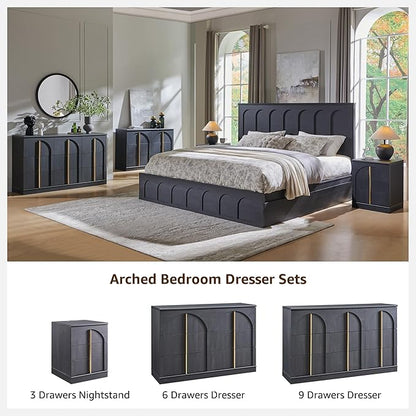 ACCOHOHO Arched Dresser for Bedroom with 6 Drawers, 47.3" Wide Modern Chest of Drawers with Rounded Edge & Metal Handles, Wood Storage Closet Dressers TV Stand for Living Room, Hallway, Black
