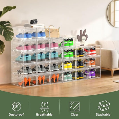 Thicken Hard Clear Shoe Storage Organizer for Closet, 12 Pack Modular Plastic Stackable Shoe Storage Box Organizer, Shoe Sneaker Rack Display Case Containers Bins with Lids, White