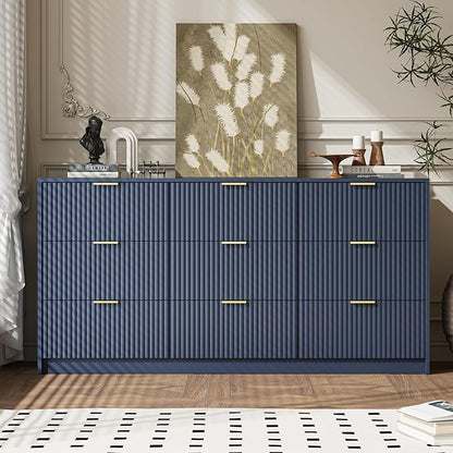 Navy 9 Drawer Dresser for Bedroom, 63" Wide Modern Fluted Dresser with Gold Metal Handles, Chest of Drawers for Bedroom, Living Room, Entryway, Hallway