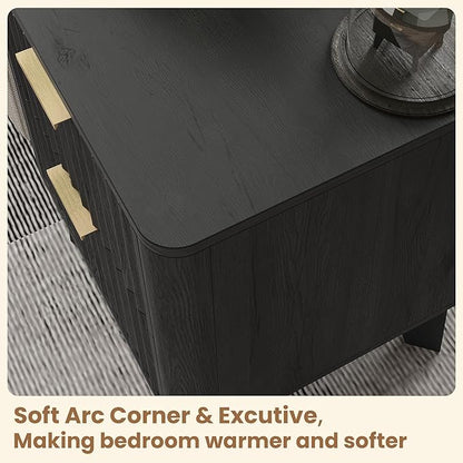 Fluted Nightstand,Modern End Table with Metal Handle,2 Storage Drawers Side Table,Bedside Table for Bedroom,Wood Nightstands,Curved Profile Design Furnitue,Black
