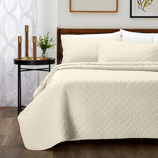 Cosy House Collection Luxury Rayon Derived from Bamboo 3-Piece Quilt Set - Ultra Soft Quilted Coverlet Bedspread - Classic Weave Stitch - Includes Quilt and 2 Pillow Shams (Full/Queen, Cream)