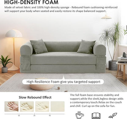 80" Convertible Sofa Bed, No Assembly Modern Boneless Compression Sofa in Box, 3-in-1 Corduroy Folding Pull Out Couch with Pillows, Floor Couch with Side Storage Pocket for Living Room,Light Grey