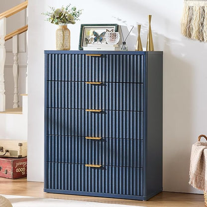 LEYAOYAO Fluted 5 Drawers Dresser for Bedroom, 41" Tall Modern Chest of Drawers with Metal Handle, Curved Profile Farmhouse Closet Organizer Wood Dressers TV Stand for Living Room, Hallway, Navy Blue
