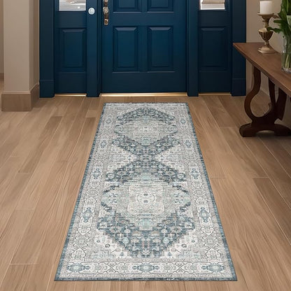 Washable Runner Hallway Rug,Low Pile 2x6 Non Slip Non-Shedding Kitchen Carpet Soft Indoor Stain Resistant Rug for Bedroom Laundry Room Bathroom Blue Beige Multi
