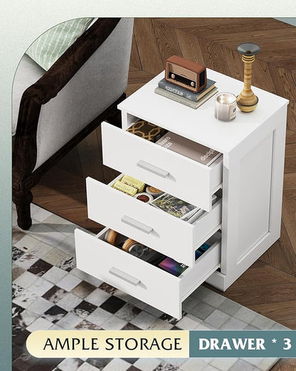 WLIVE White Night Stand with 3 Drawers, Small Nightstand with Storage, Wooden Bedside Table Modern End Table for Bedroom, Living Room, Office, 12.9" D x 16" W x 21.6" H