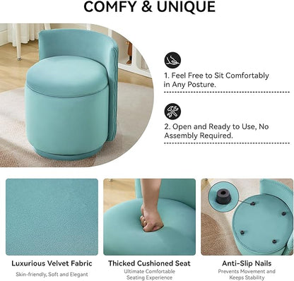 Velvet Vanity Chair with Storage, 360° Swivel Makeup Chair with Wave Back, No Assembly Small Accent Stool for Bedroom, Dressing, Living Room, Teal