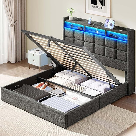 Lift Up Full Size Bed Frame with Storage, Upholstered Full Bed Frame with LED Lights Headboard and Charging Station, No Box Spring Needed, Easy Assembly - Dark Grey