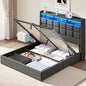 Lift Up Full Size Bed Frame with Storage, Upholstered Full Bed Frame with LED Lights Headboard and Charging Station, No Box Spring Needed, Easy Assembly - Dark Grey