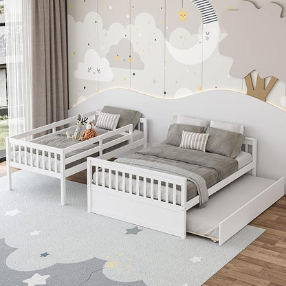 KOMFOTT Wood Twin Over Full Bunk Bed with Trundle, Bunk Bed Frame with Solid Pine Wood Frame, Space-Saving Bed Frame with Ladder & Safety Guardrails, No Box Spring Needed