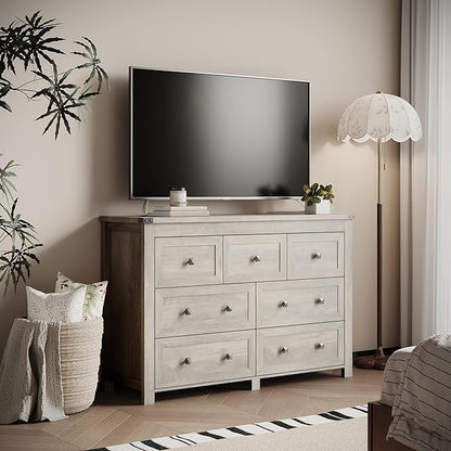 Dresser for Bedroom with 7 Drawers, Farmhouse Wood Chest of Drawers, Wide TV Stand Closet Storage Furniture with Metal Handle, Modern Clothes Organizer for Hallway, Living Room, Entryway, Light Grey