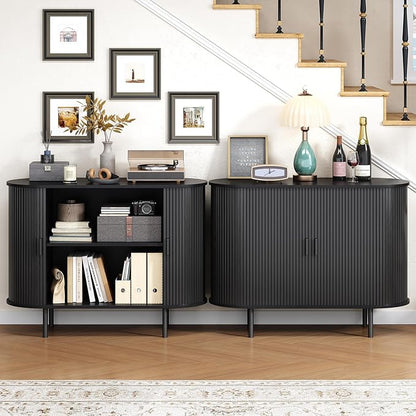 Buffet Cabinet with Storage, 40" Fluted Sideboard Buffet with Sliding Door, Coffee Bar Cabinet with Adjustable Shelf, Console Table, Accent Table for Entryway, Kitchen, Dining Room, Black