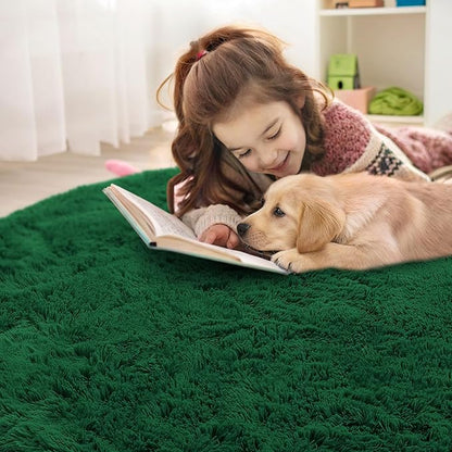 OLANLY Dark Green Round Rugs for Bedroom - Machine Washable, 6 ft Circle Area Rugs for Living Room, Soft and Fluffy Shaggy Carpet for Teen Girls and Boys, Nursery Rooms, Dorms, Home Decor Aesthetic