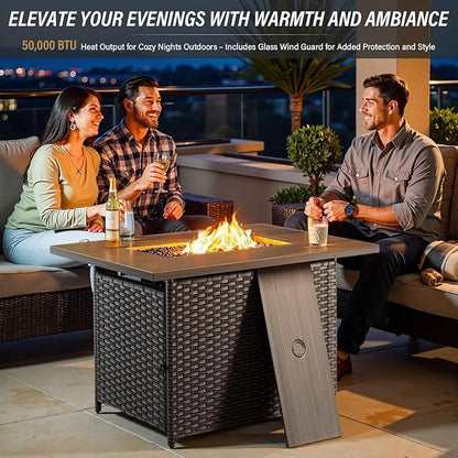 Belord Luxurious 7 Piece Patio Furniture Set with Fire Pit Table, High Back Swivel Rocker Glider Outdoor Chairs with 6" Blue Cushion, All-Weather Patio Conversation Set for Yard Garden Brown Wicker