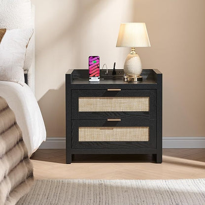 SICOTAS Night Stand Bedside Table - Rattan Nightstand End Table with Type-C Charging Station, 2 Drawers Storage Boho Night Stands for Bedroom - Black Oak
