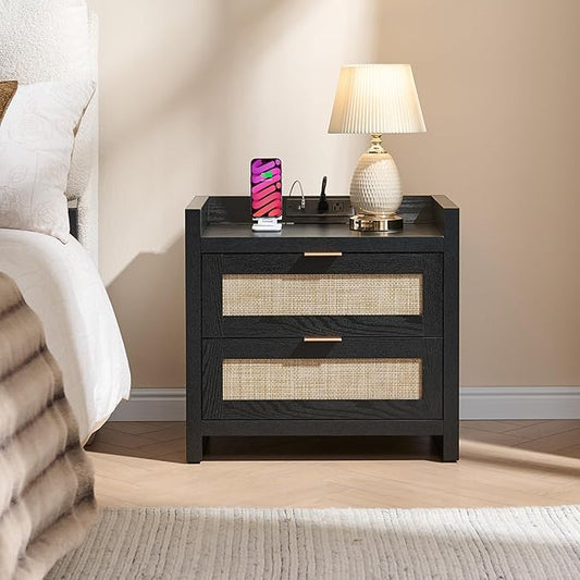 SICOTAS Night Stand Bedside Table - Rattan Nightstand End Table with Type-C Charging Station, 2 Drawers Storage Boho Night Stands for Bedroom - Black Oak