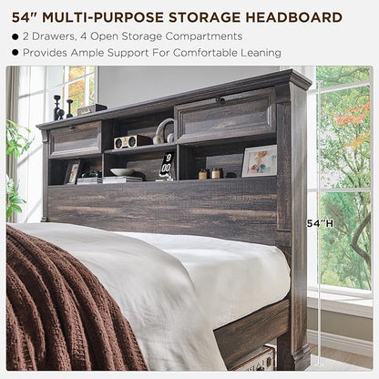 Farmhouse King Size Bed Frame with 54" Tall Storage Bookcase Headboard, Wood Platform Bed Frame with 18" Tall Roman Column Decoration Footboard & 2 Drawers, No Box Spring Needed(Dark Rustic Oak)