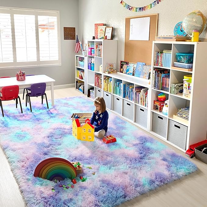 PAGISOFE Cute Kawaii Purple Rainbow Rug for Girls Bedroom, 5x8 Washable Area Rug, Soft Fluffy Shag Rug for Girls Room Baby Kids Playroom Nursery Classroom Plush Furry Mermaid Rug, Fuzzy Pastel Carpet