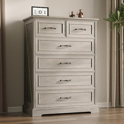 Farmhouse 6 Drawers Dresser for Bedroom, 43" Tall Wood Chest of Drawers with Deep Drawers & Bar Handles, Modern Dresser TV Stand, Rustic Wooden Closet Storage Organizer for Living Room, Hallway, Grey