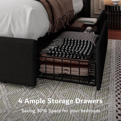 iPormis Queen Bed Frame with 4 Storage Drawers, Upholstered Platform Bed Frame with Type-C & USB Ports, Wingback Storage Headboard, Solid Wood Slats, No Box Spring Needed, Black