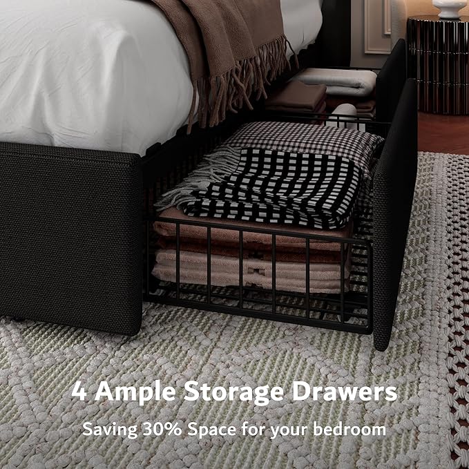 iPormis Full Size Bed Frame with 4 Storage Drawers, Upholstered Platform Bed Frame with Type-C & USB Ports, Wingback Storage Headboard, Solid Wood Slats, No Box Spring Needed, Black