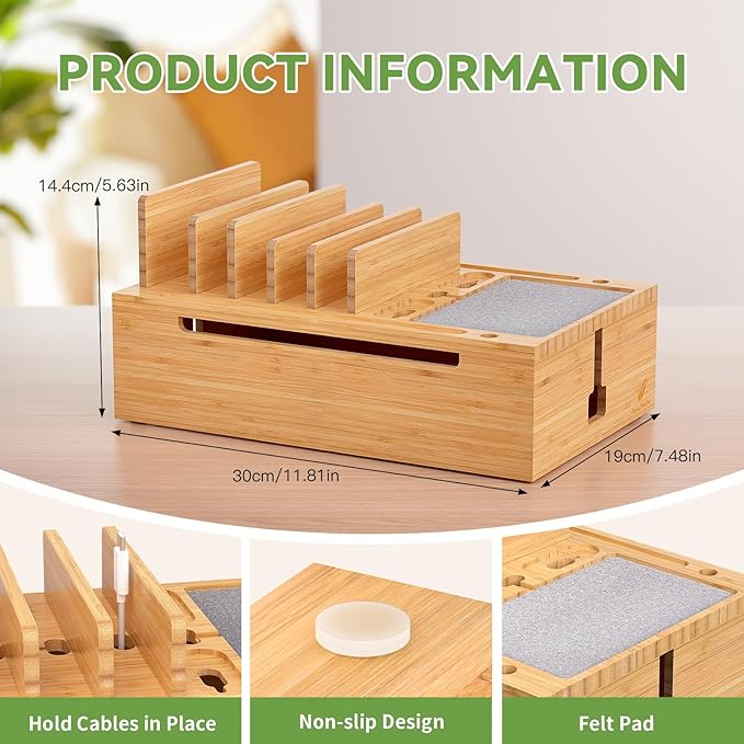 Pezin & Hulin Bamboo Charging Station for Multiple Devices, USB Charger Dock Organizer, with Power Supply (10 Ports HUB), 6 Cables, Cable Management Organizer for Cell Phones, Tablets -Natural Color