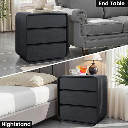 Black Curved Night Stand Set of 2 with Charging Station, 25" Tall Wood Bedside Table Nightstand with 3 Storage Drawers, Mid Century Modern End Table for Bedroom, Office