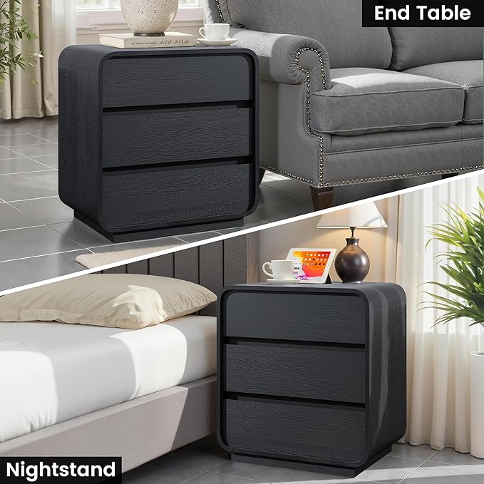 Black Night Stand with Charging Station, 25" Tall Wood Bedside Table, Modern End Table Dresser with 3 Storage Drawers, Curved Profile, Mid Century Nightstand for Bedroom Dorm Sofa Office