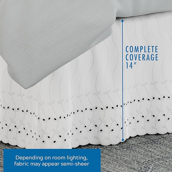 Fresh Ideas Eyelet Bed Skirt, Ruffled Design, 14 Inch Drop, Embroidered Scalloped Edge, Twin, White