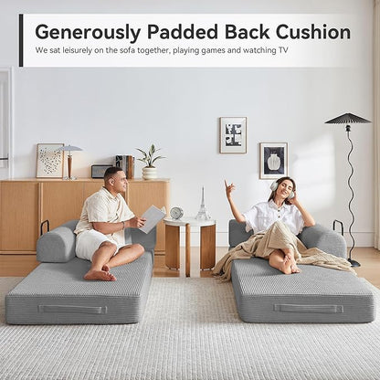Convertible Sleeper Sofa Bed, Sleeper Sofa with Pillow | Corduroy Fabric | High-Density Sponge | Fixed-Shape Frame, Modular Sofa Bed for Living Room Lounge Studio (Light Grey)