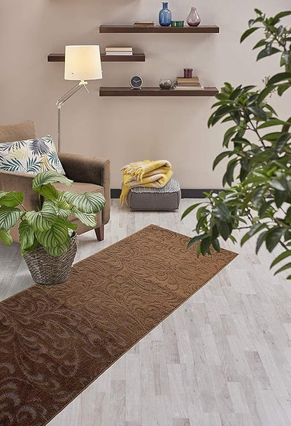 8 FT Long Non-Slip Washable Brown Carpet Runner Rug with Rubber Backing (26" X 8'), Custom Floor Mat for Kitchen Hallway Stairs Bedroom Bathroom Entryway, Your Choice of Length, Floral Pattern
