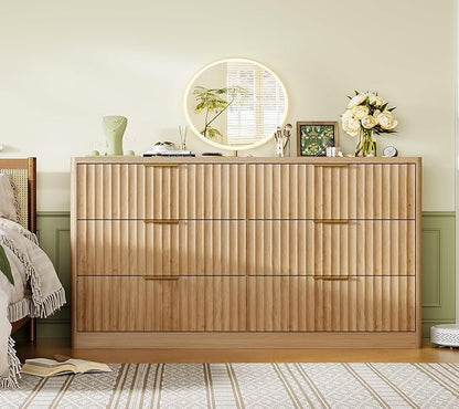 TEENFON Fluted 6 Drawer Dresser for Bedroom, Wide Modern Chest of Drawers with Metal Handle, Curved Profile Design, Wood Closet Clothes Storage Organizer for Bedroom, Living Room, Hallway, Natural