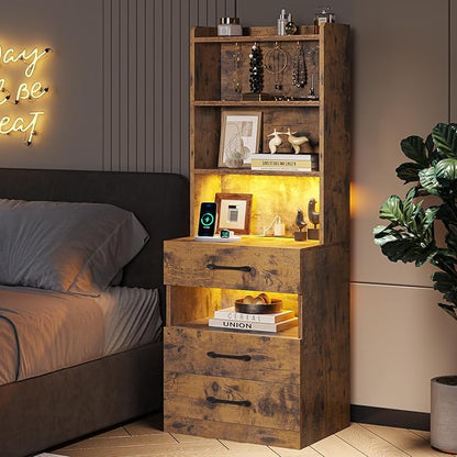 VIAGDO Tall Nightstand with Charging Station and LED Lights, Rustic Brown Night Stand with Bookshelf, Modern LED Bedside Table with 3 Drawers and Storage Shelves, End Side Table for Bedrooms, Dorms