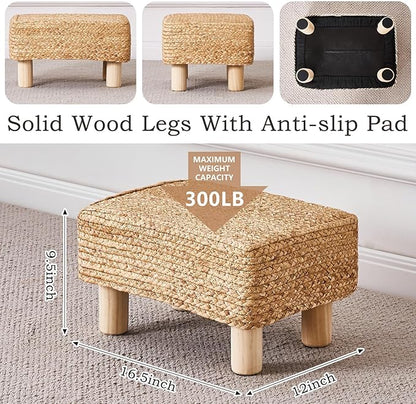 Wimarsbon Natural Seagrass Footstool Ottoman Rectangular Footrest Pouf Ottomans with Wooden Legs Hand Weave Step Stool for Living Room Bedroom Entryway Natural