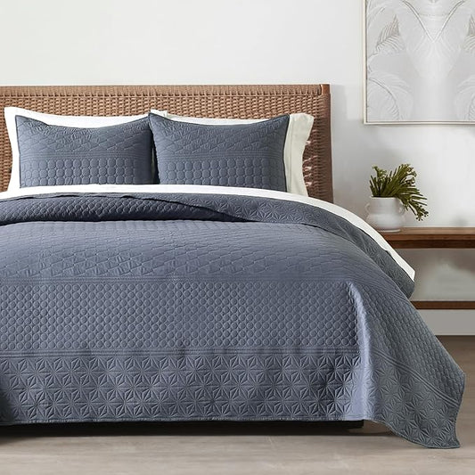 HORIMOTE HOME Steel Blue Twin Size Quilt Set - Soft Microfiber Bedspread with 1 Sham, Lightweight & All-Season Geometric Coverlet for Cozy Bedding