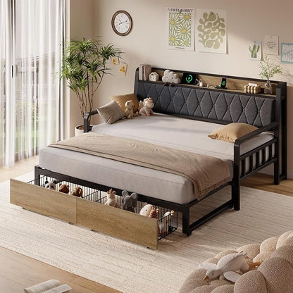 ONBRILL Twin Daybed with Trundle, Twin to King Daybed with Pop up Trundle, Metal Twin Day Bed Frame with Storage Drawers, Upholstered Headboard & Power Outlet for Living Room & Guest Room, Black