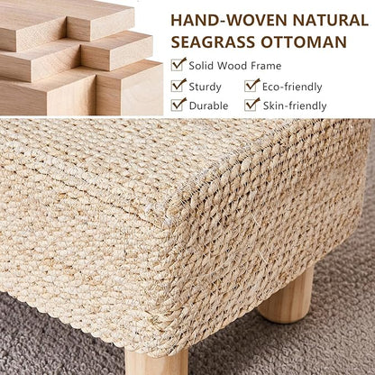 Wimarsbon Natural Seagrass Footstool Ottoman Rectangular Footrest Pouf Ottomans with Wooden Legs Hand Weave Step Stool for Living Room Bedroom Entryway Natural White